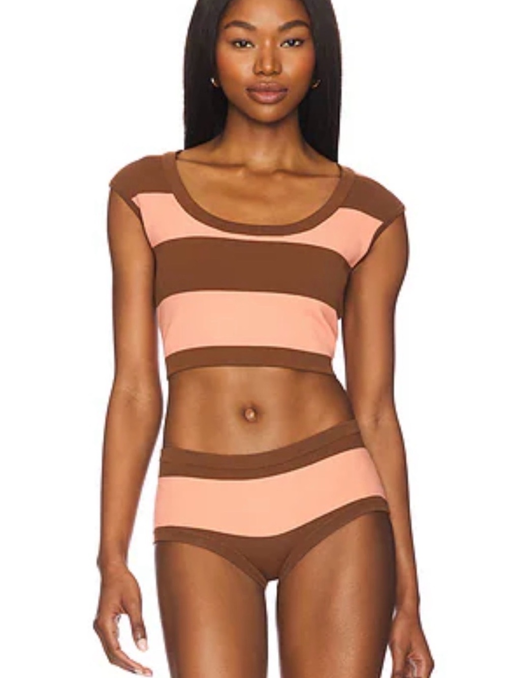 TROPIC OF C Ballet Bikini Swim Top Striped Scoop Neck Crop Top in Pink and Brown